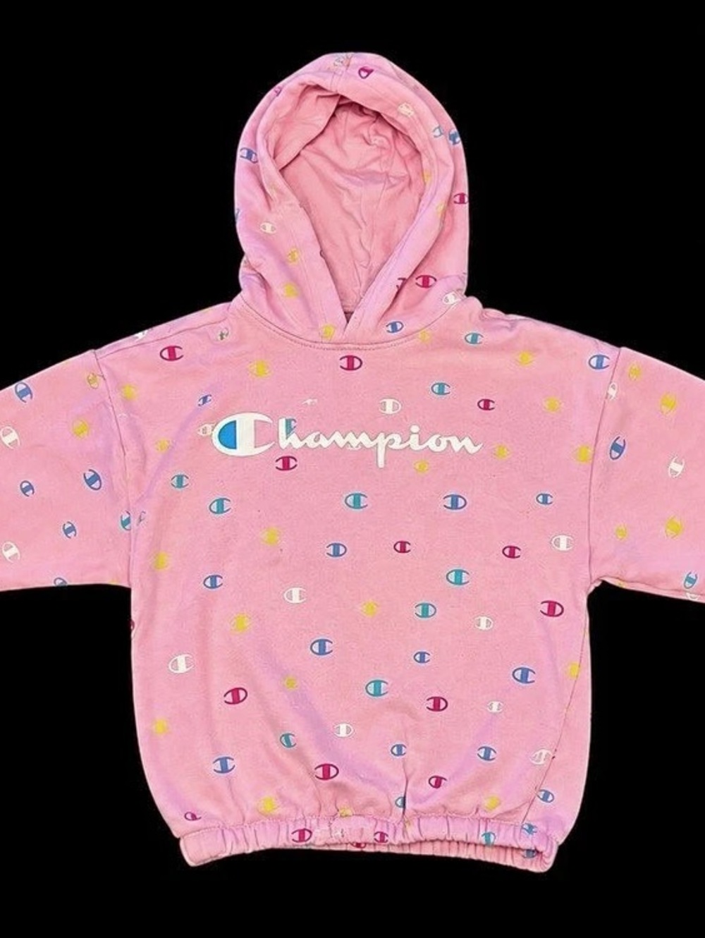 Champion Kids All-Over Print Logo Fleece Hoodie Girls Medium (10) Pink Logo